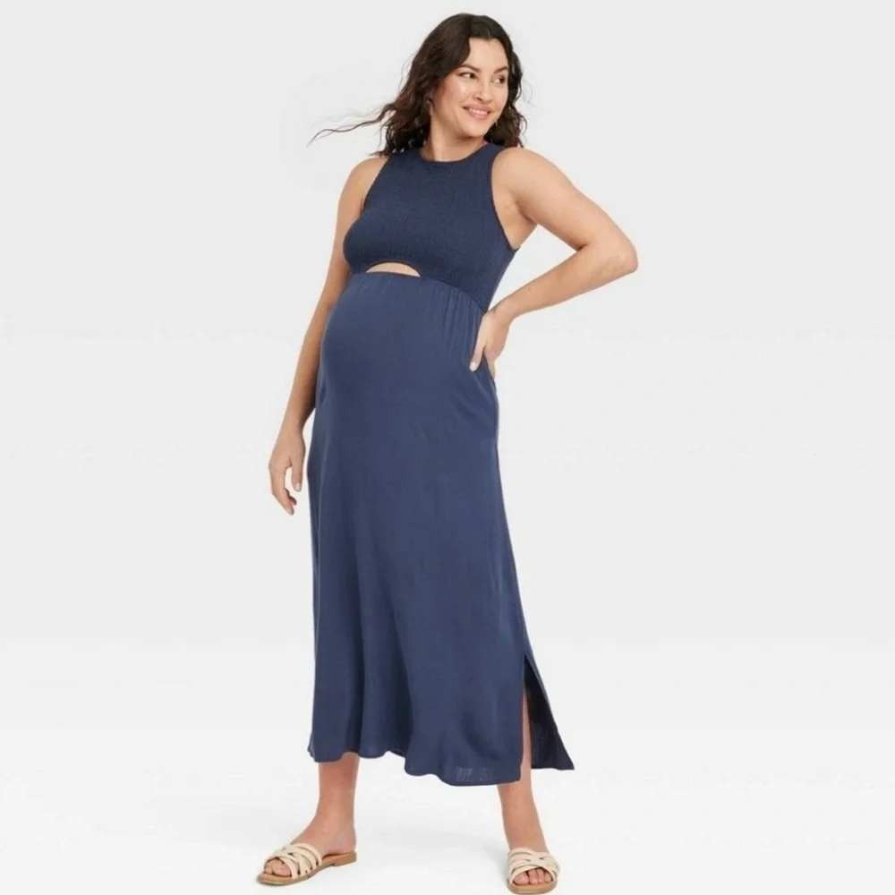 Isabel by Ingrid & Isabel Navy Blue Smocked Cutout Maternity Midi Dress Large